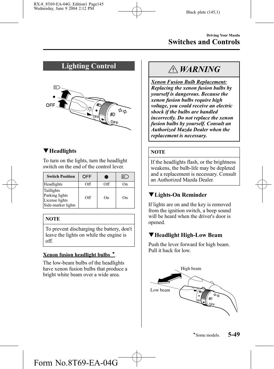 Switches and controls, Lighting control, Switches and controls -49 | Lighting control -49, Warning | Mazda 2005 RX-8 User Manual | Page 145 / 364