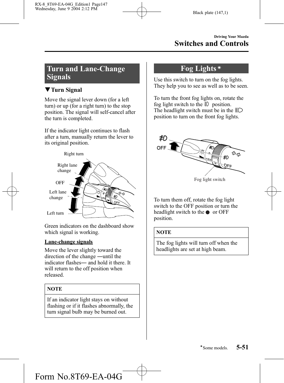 Turn and lane-change signals, Fog lights, Turn and lane-change signals -51 fog lights | Switches and controls | Mazda 2005 RX-8 User Manual | Page 147 / 364