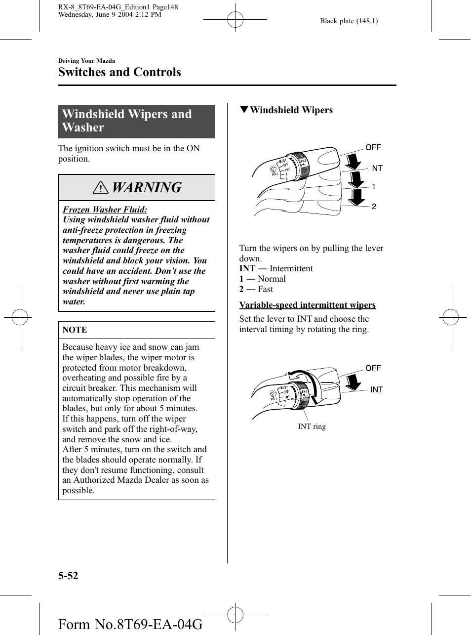 Windshield wipers and washer, Windshield wipers and washer -52, Warning | Switches and controls | Mazda 2005 RX-8 User Manual | Page 148 / 364