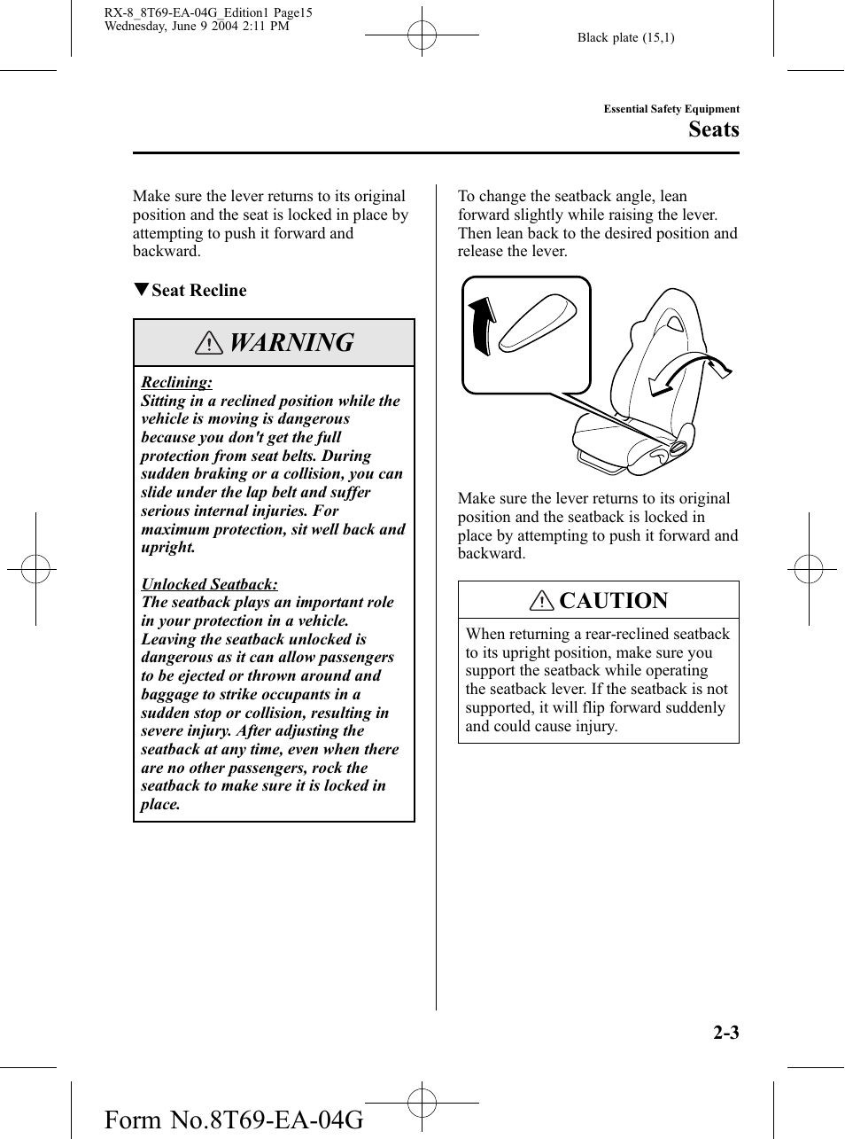 Warning, Caution, Seats | Mazda 2005 RX-8 User Manual | Page 15 / 364