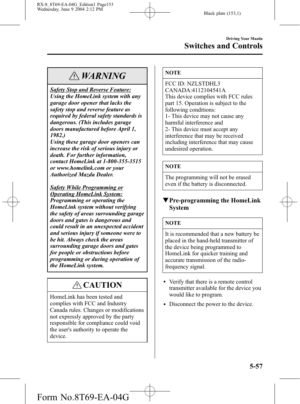 Warning, Caution, Switches and controls | Mazda 2005 RX-8 User Manual | Page 153 / 364
