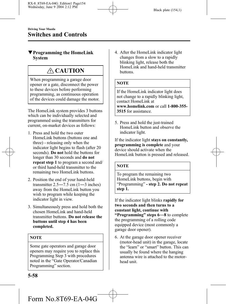 Caution, Switches and controls | Mazda 2005 RX-8 User Manual | Page 154 / 364