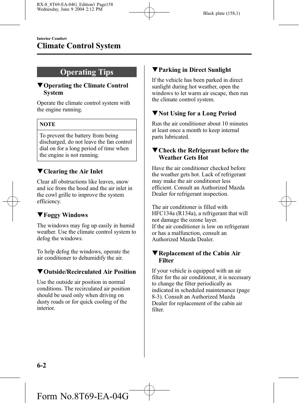 Climate control system, Operating tips, Climate control system -2 | Operating tips -2 | Mazda 2005 RX-8 User Manual | Page 158 / 364