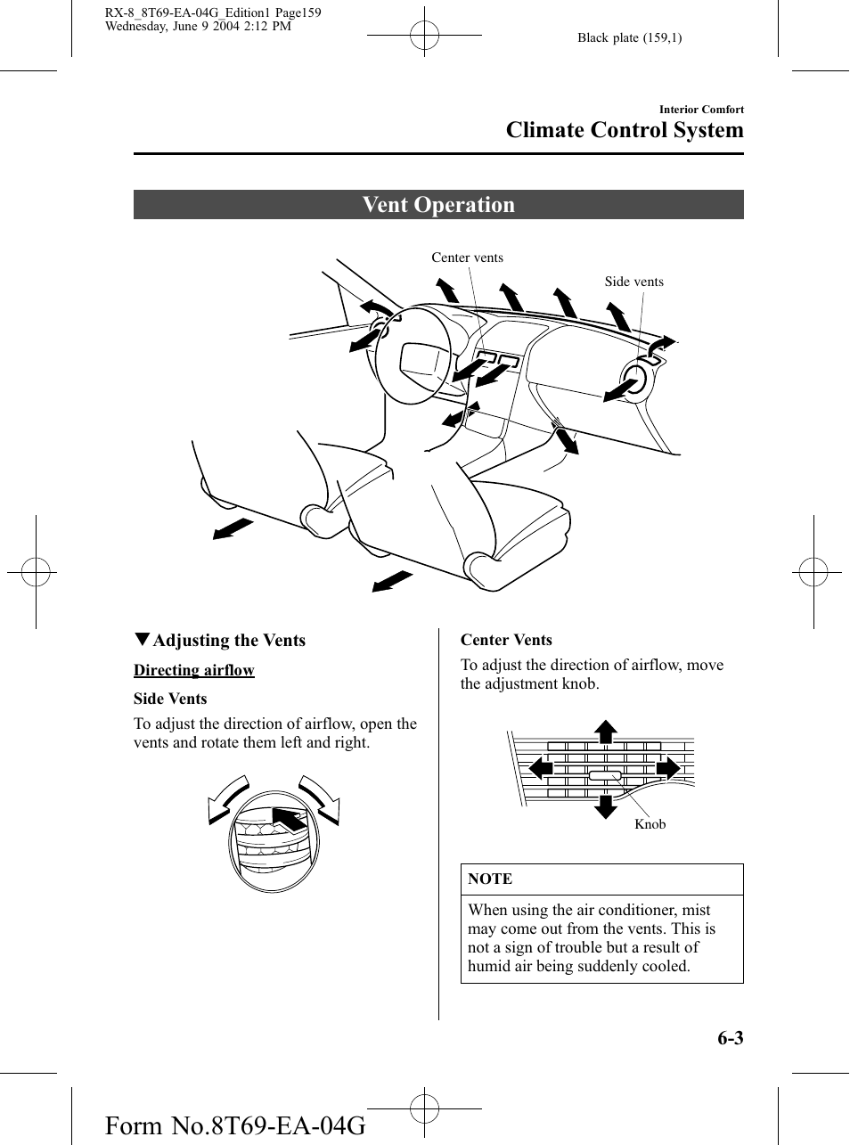 Vent operation, Vent operation -3, Climate control system | Mazda 2005 RX-8 User Manual | Page 159 / 364