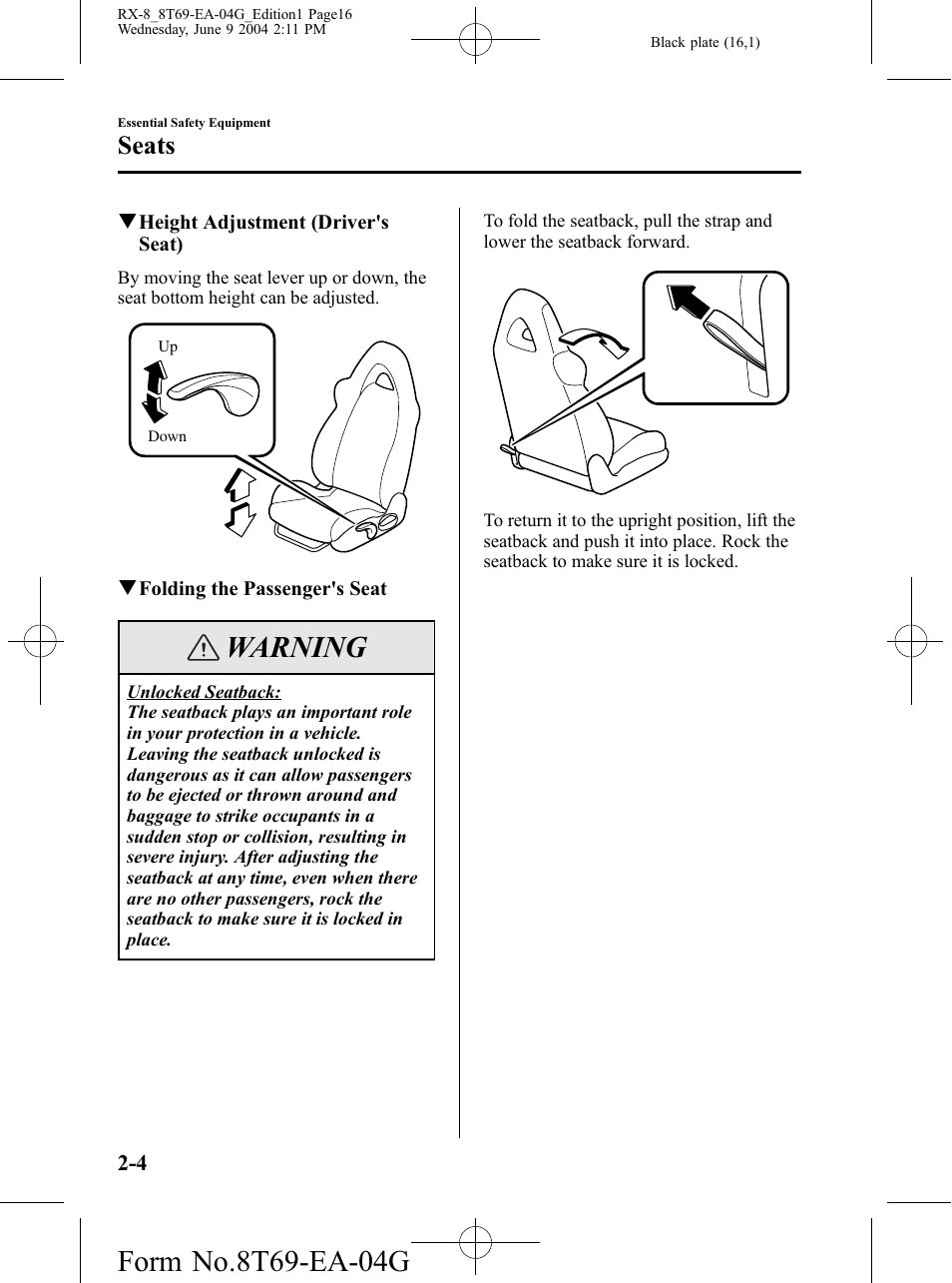 Warning, Seats | Mazda 2005 RX-8 User Manual | Page 16 / 364