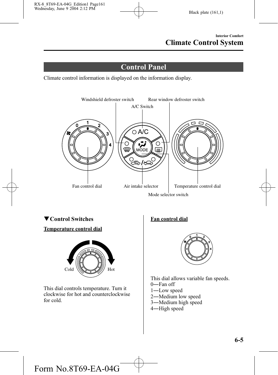 Control panel, Control panel -5, Climate control system | Mazda 2005 RX-8 User Manual | Page 161 / 364