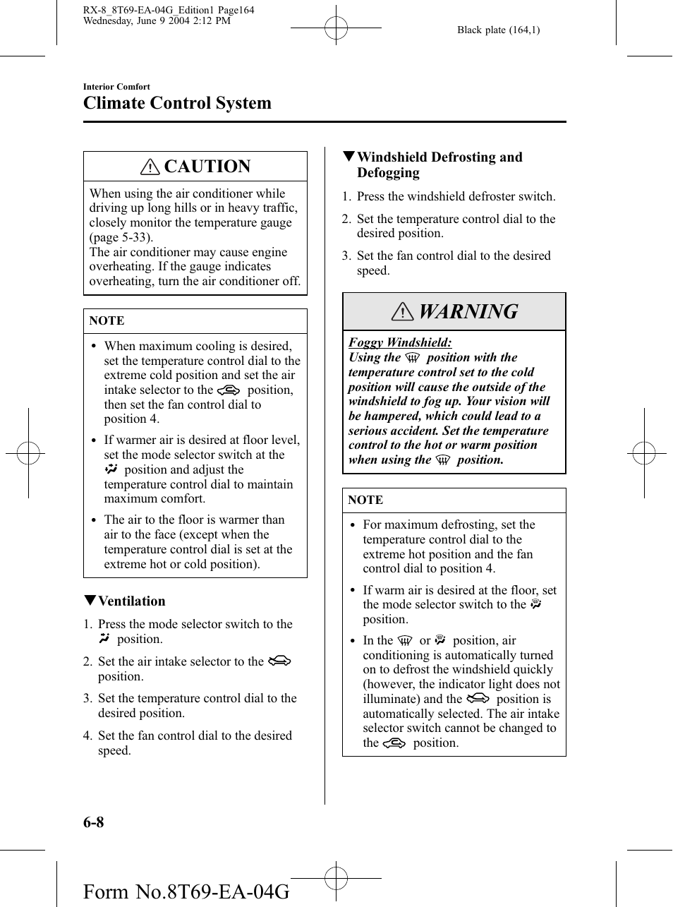 Warning, Caution, Climate control system | Mazda 2005 RX-8 User Manual | Page 164 / 364