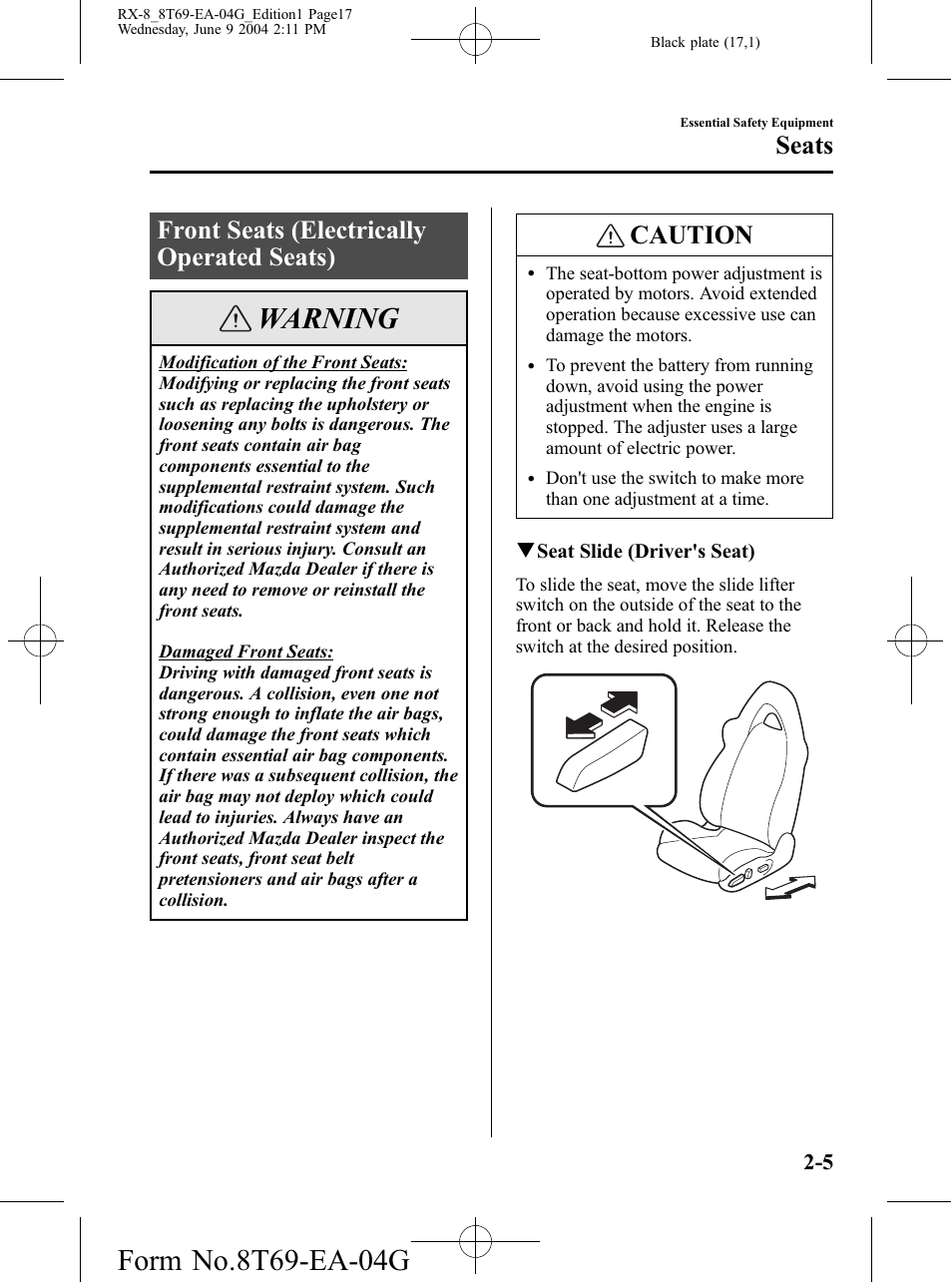 Front seats (electrically operated seats), Front seats (electrically operated seats) -5, Warning | Caution, Seats | Mazda 2005 RX-8 User Manual | Page 17 / 364