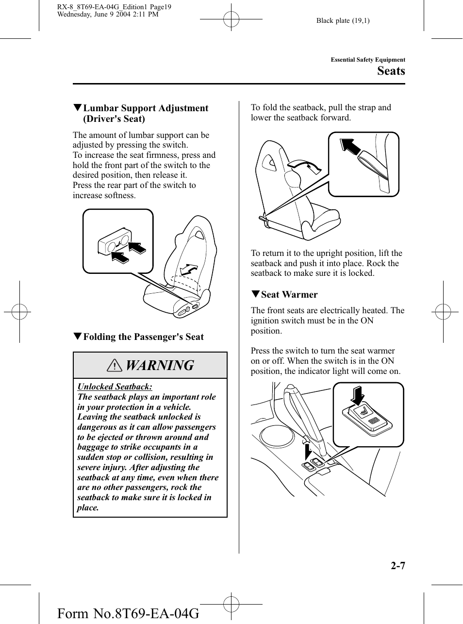 Warning, Seats | Mazda 2005 RX-8 User Manual | Page 19 / 364