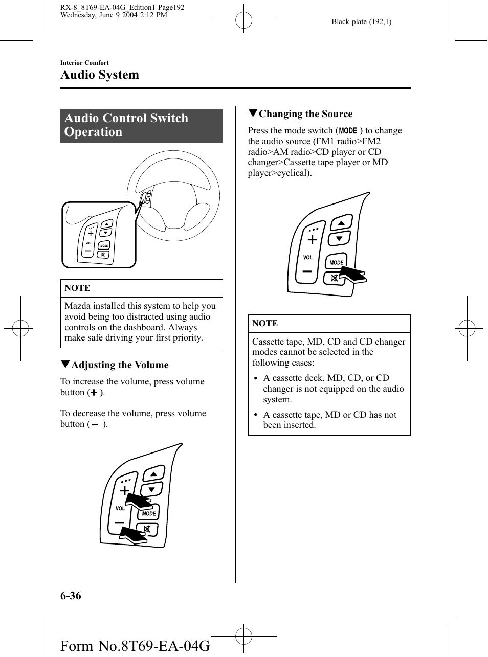 Audio control switch operation, Audio control switch operation -36, Audio system | Mazda 2005 RX-8 User Manual | Page 192 / 364