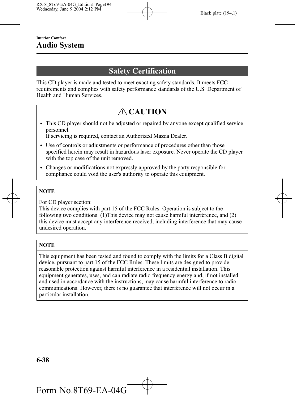 Safety certification, Safety certification -38, Caution | Audio system | Mazda 2005 RX-8 User Manual | Page 194 / 364