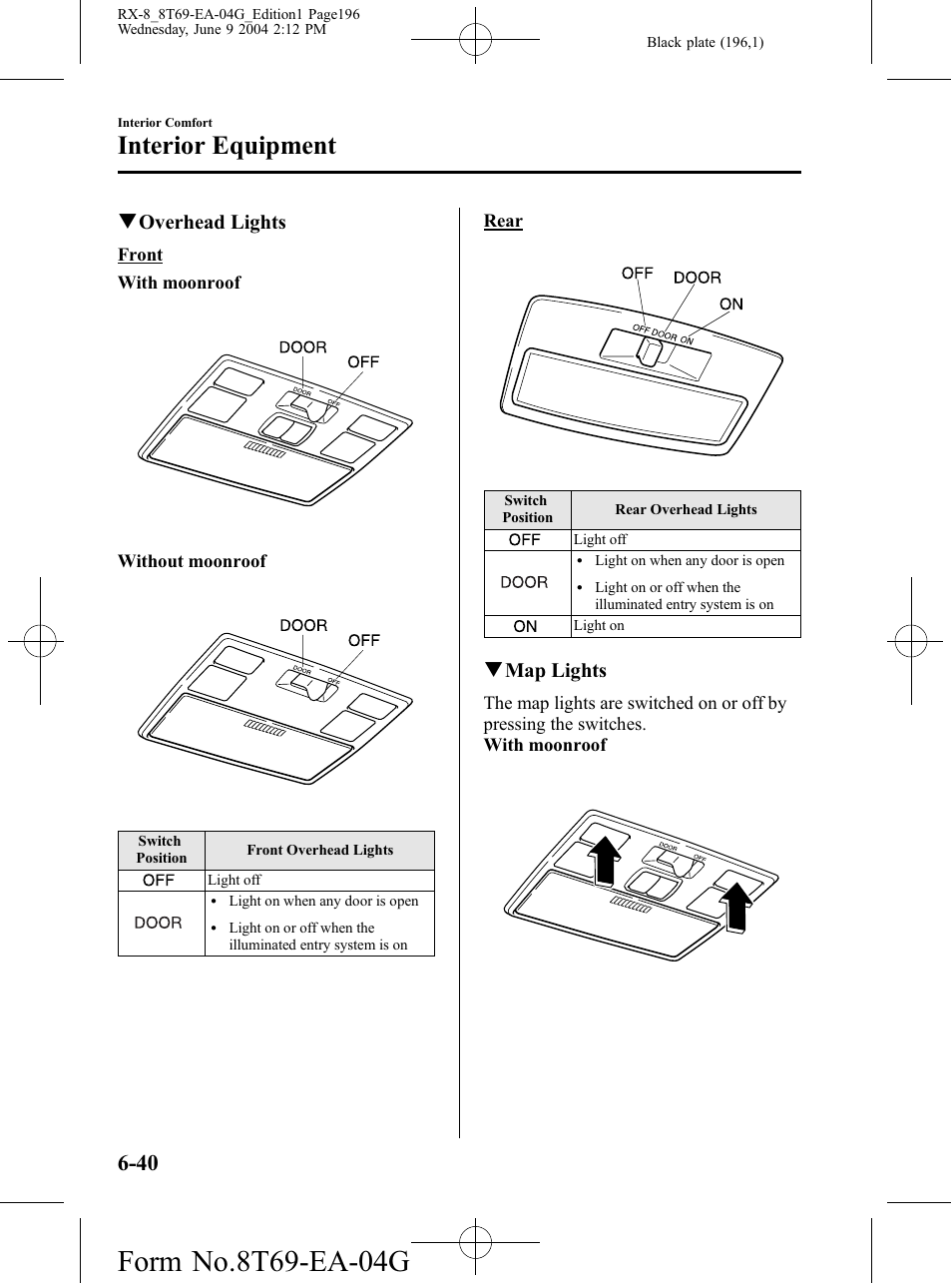 Interior equipment, Qoverhead lights, Qmap lights | Mazda 2005 RX-8 User Manual | Page 196 / 364