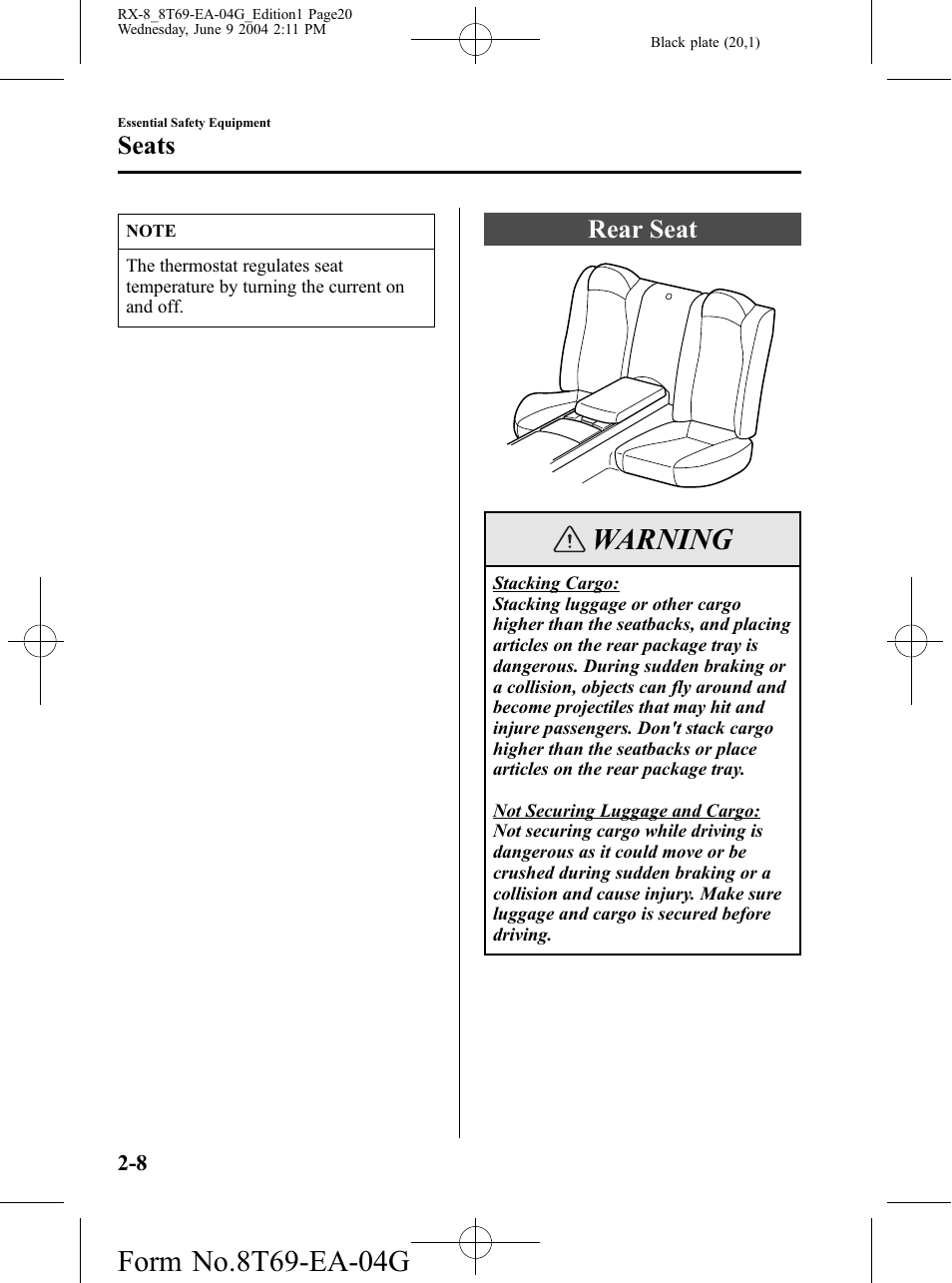 Rear seat, Rear seat -8, Warning | Seats | Mazda 2005 RX-8 User Manual | Page 20 / 364