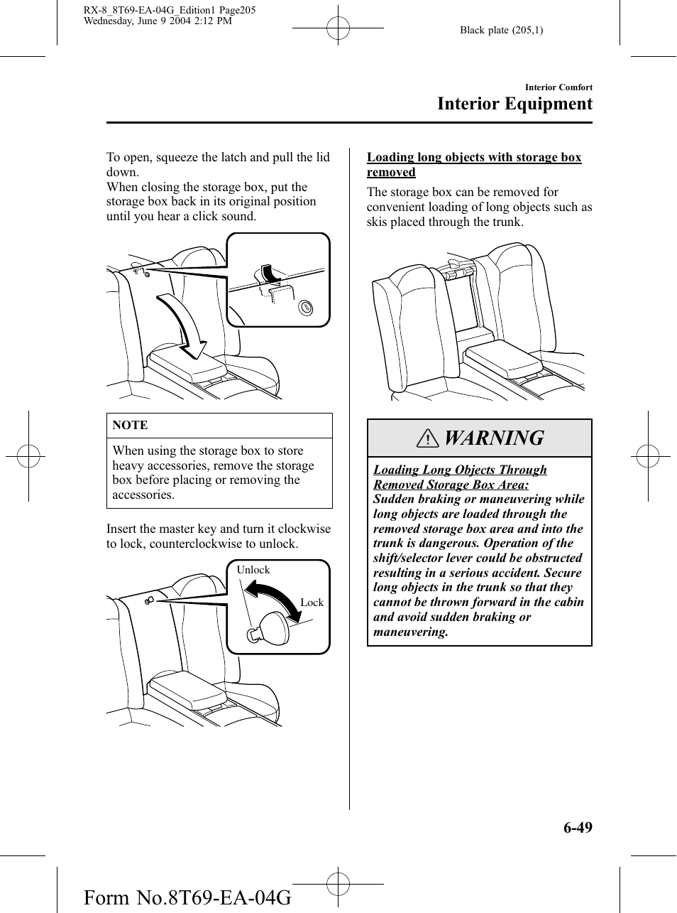 Warning, Interior equipment | Mazda 2005 RX-8 User Manual | Page 205 / 364