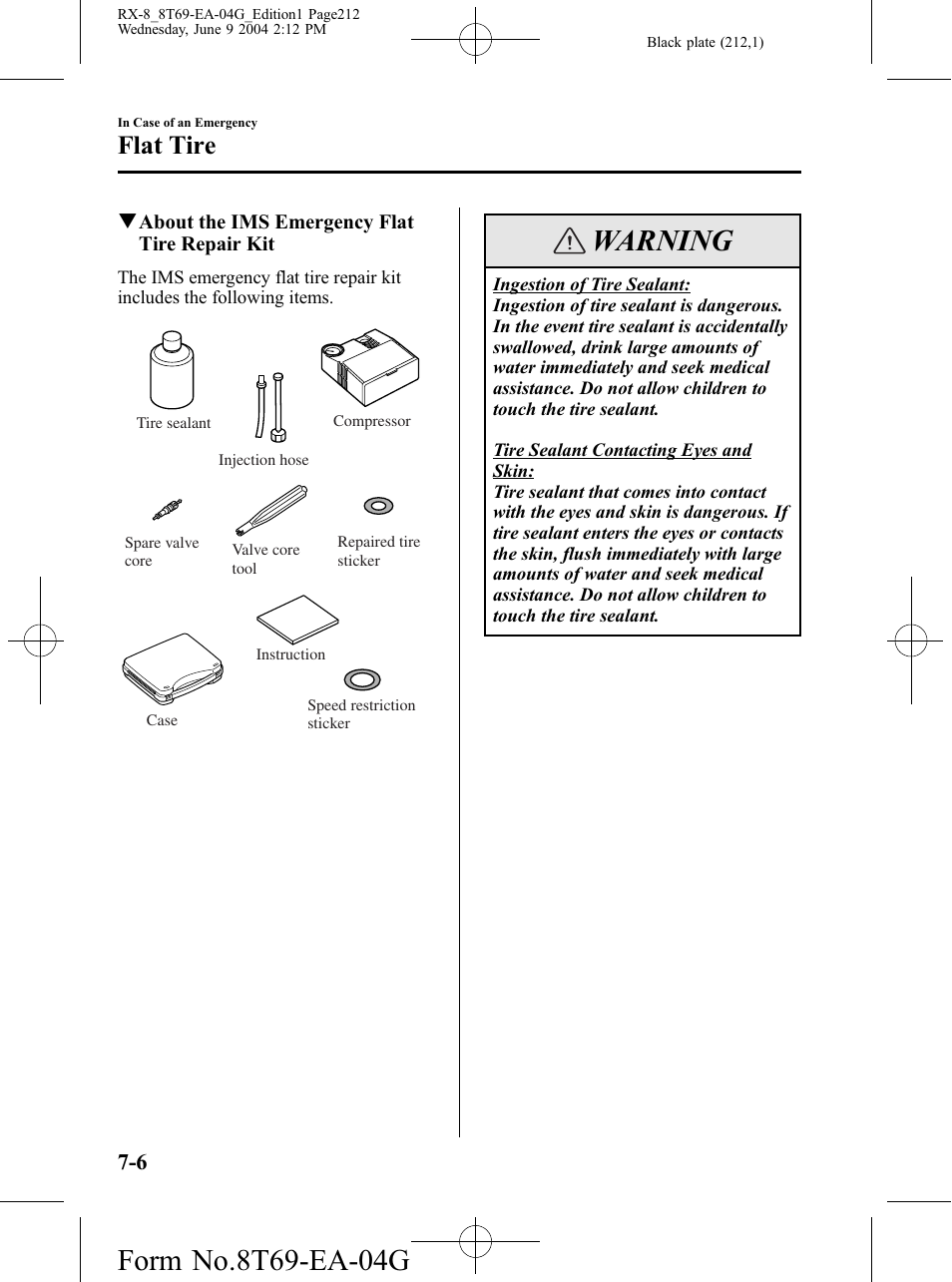 Warning, Flat tire | Mazda 2005 RX-8 User Manual | Page 212 / 364