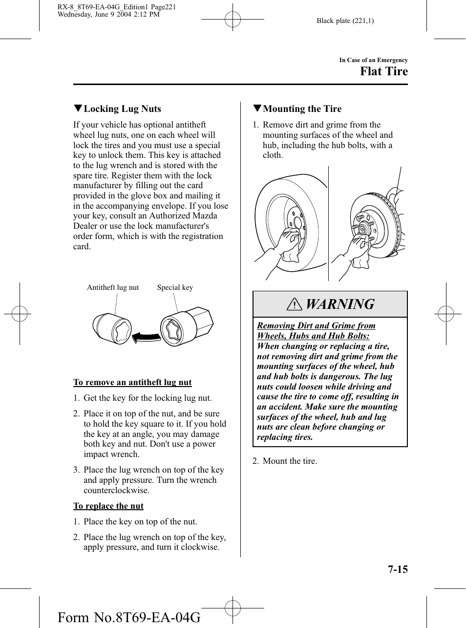 Warning, Flat tire | Mazda 2005 RX-8 User Manual | Page 221 / 364