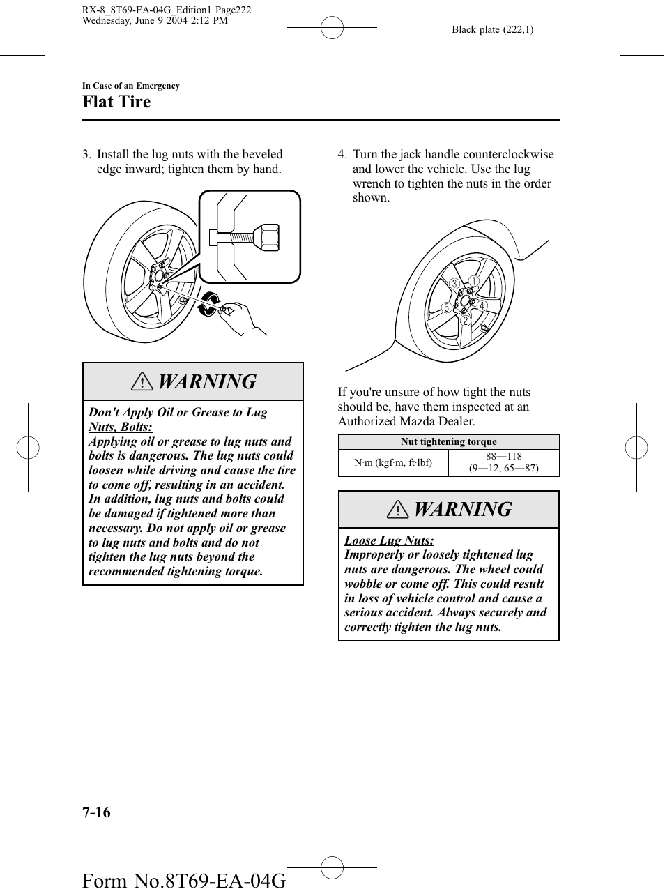 Warning, Flat tire | Mazda 2005 RX-8 User Manual | Page 222 / 364