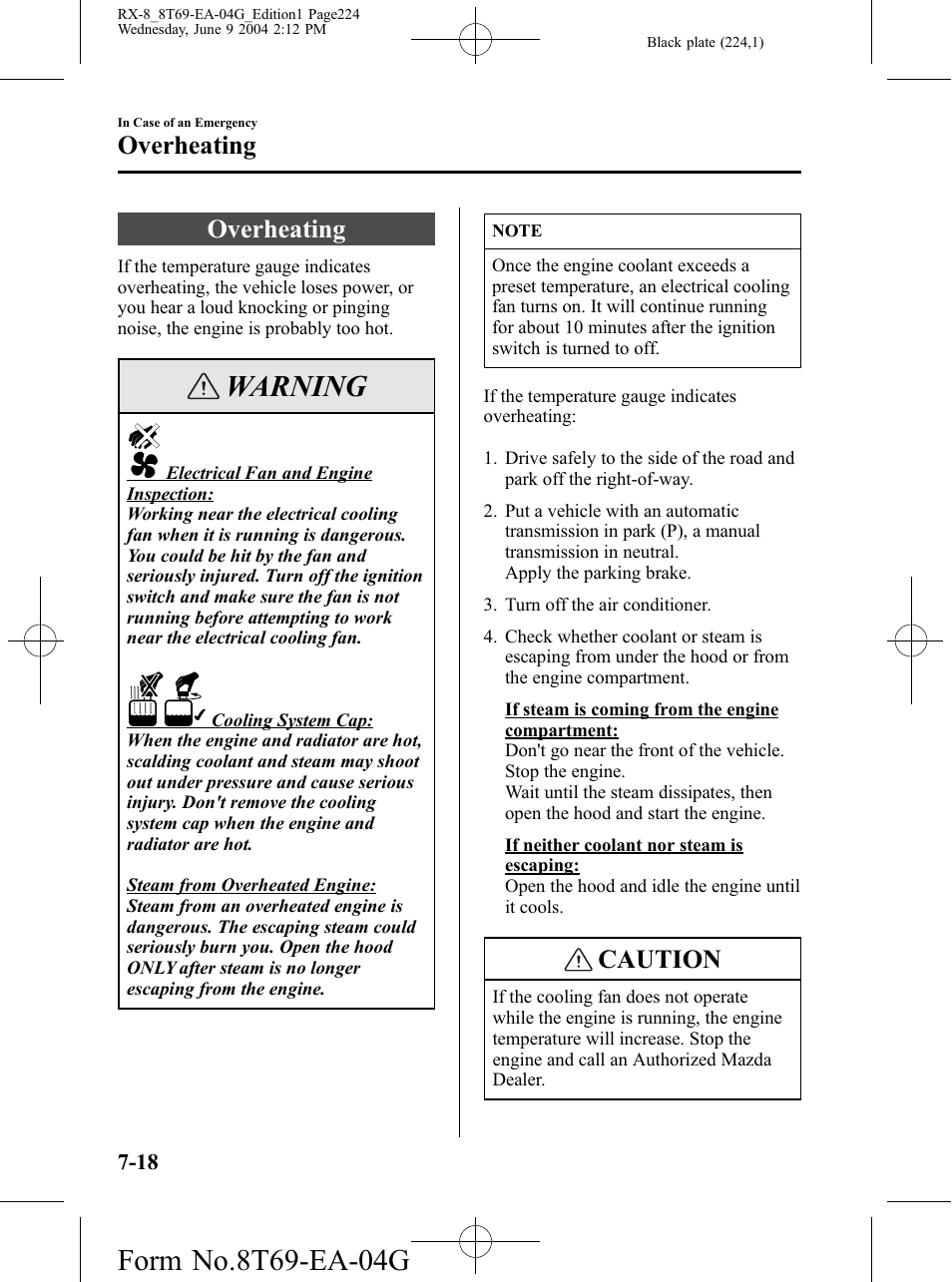 Overheating, Overheating -18, Warning | Caution | Mazda 2005 RX-8 User Manual | Page 224 / 364
