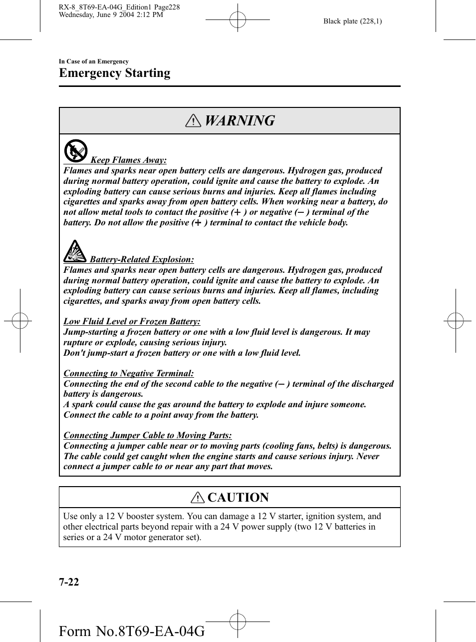 Warning, Caution, Emergency starting | Mazda 2005 RX-8 User Manual | Page 228 / 364