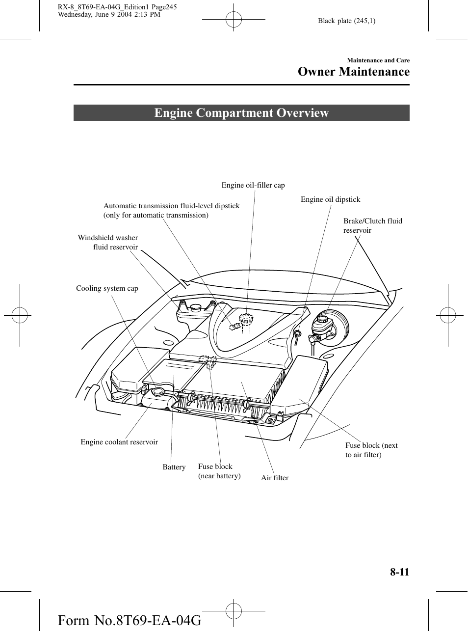 Engine compartment overview, Engine compartment overview -11, Owner maintenance | Mazda 2005 RX-8 User Manual | Page 245 / 364