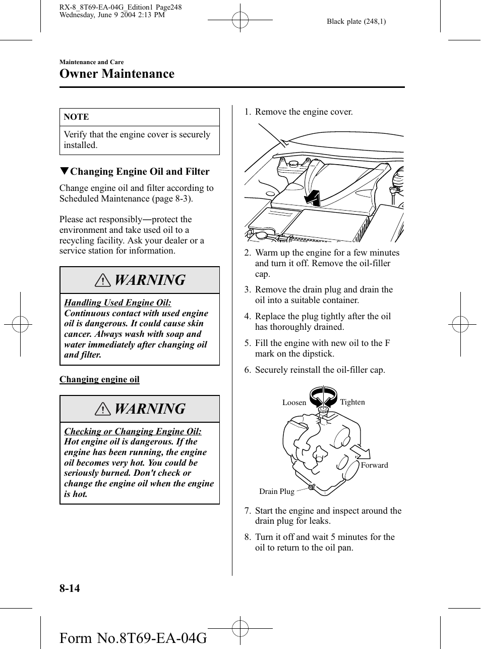 Warning, Owner maintenance | Mazda 2005 RX-8 User Manual | Page 248 / 364