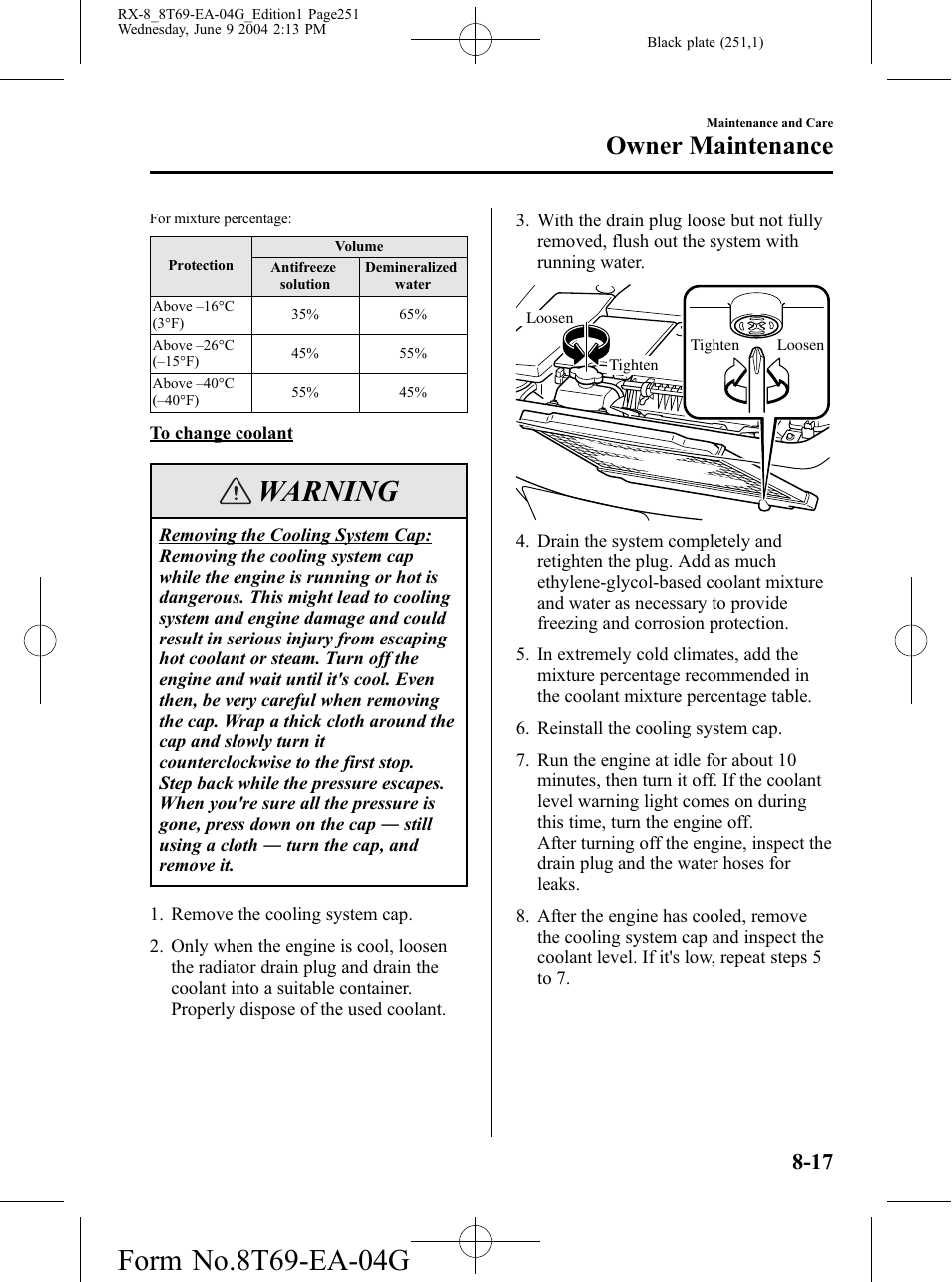Warning, Owner maintenance | Mazda 2005 RX-8 User Manual | Page 251 / 364