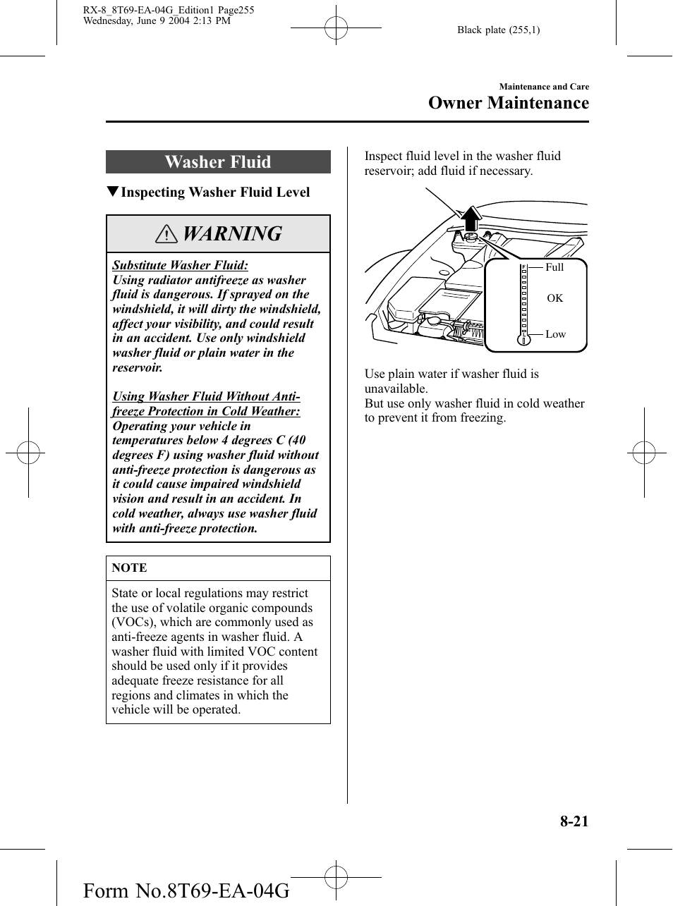 Washer fluid, Washer fluid -21, Warning | Owner maintenance | Mazda 2005 RX-8 User Manual | Page 255 / 364