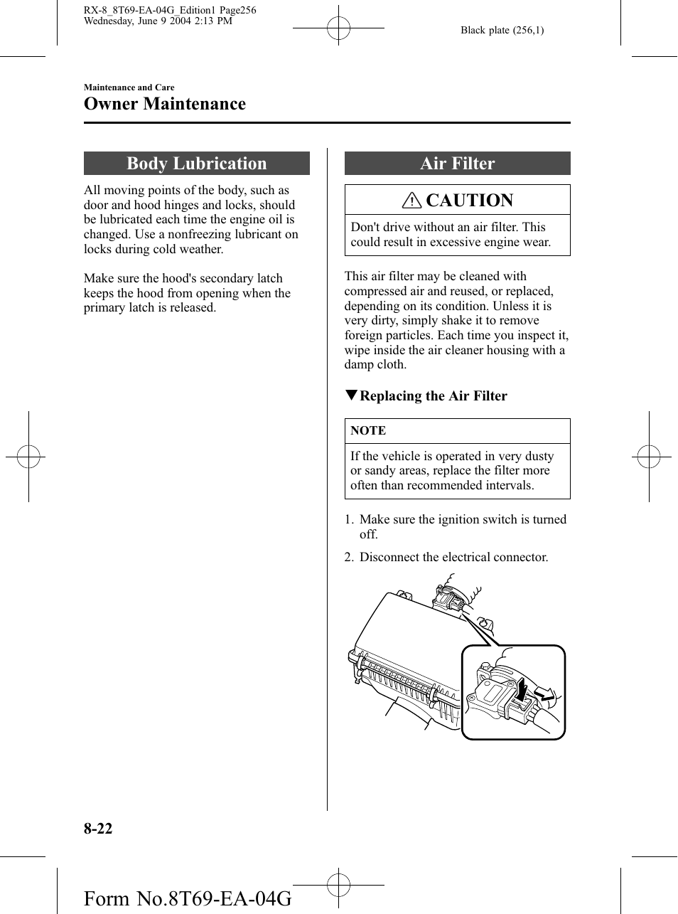 Body lubrication, Air filter, Body lubrication -22 air filter -22 | Air filter caution, Owner maintenance | Mazda 2005 RX-8 User Manual | Page 256 / 364