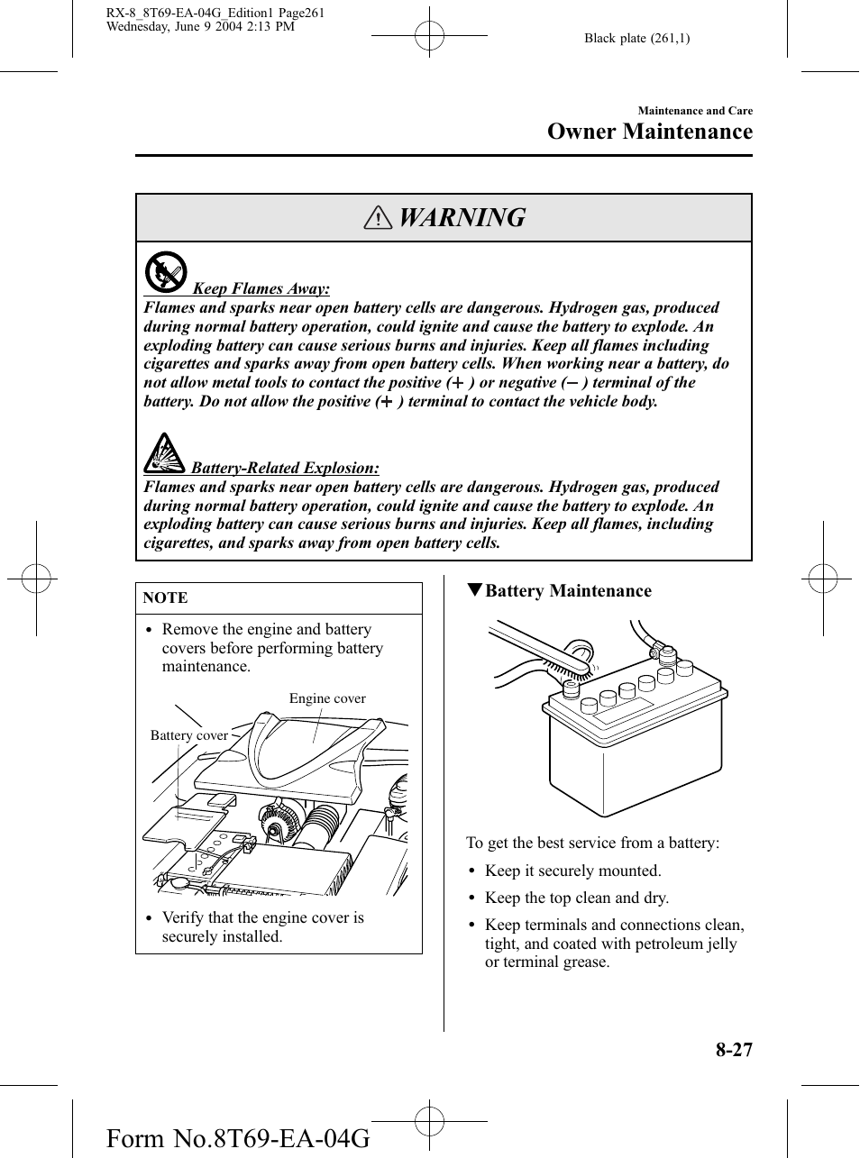 Warning, Owner maintenance | Mazda 2005 RX-8 User Manual | Page 261 / 364