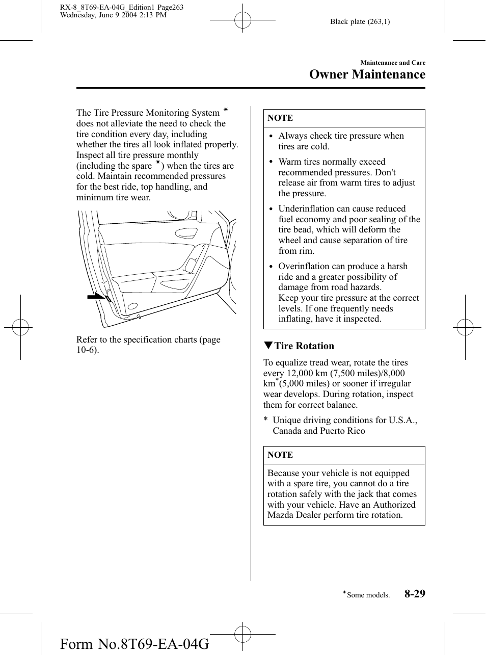 Owner maintenance, Qtire rotation | Mazda 2005 RX-8 User Manual | Page 263 / 364