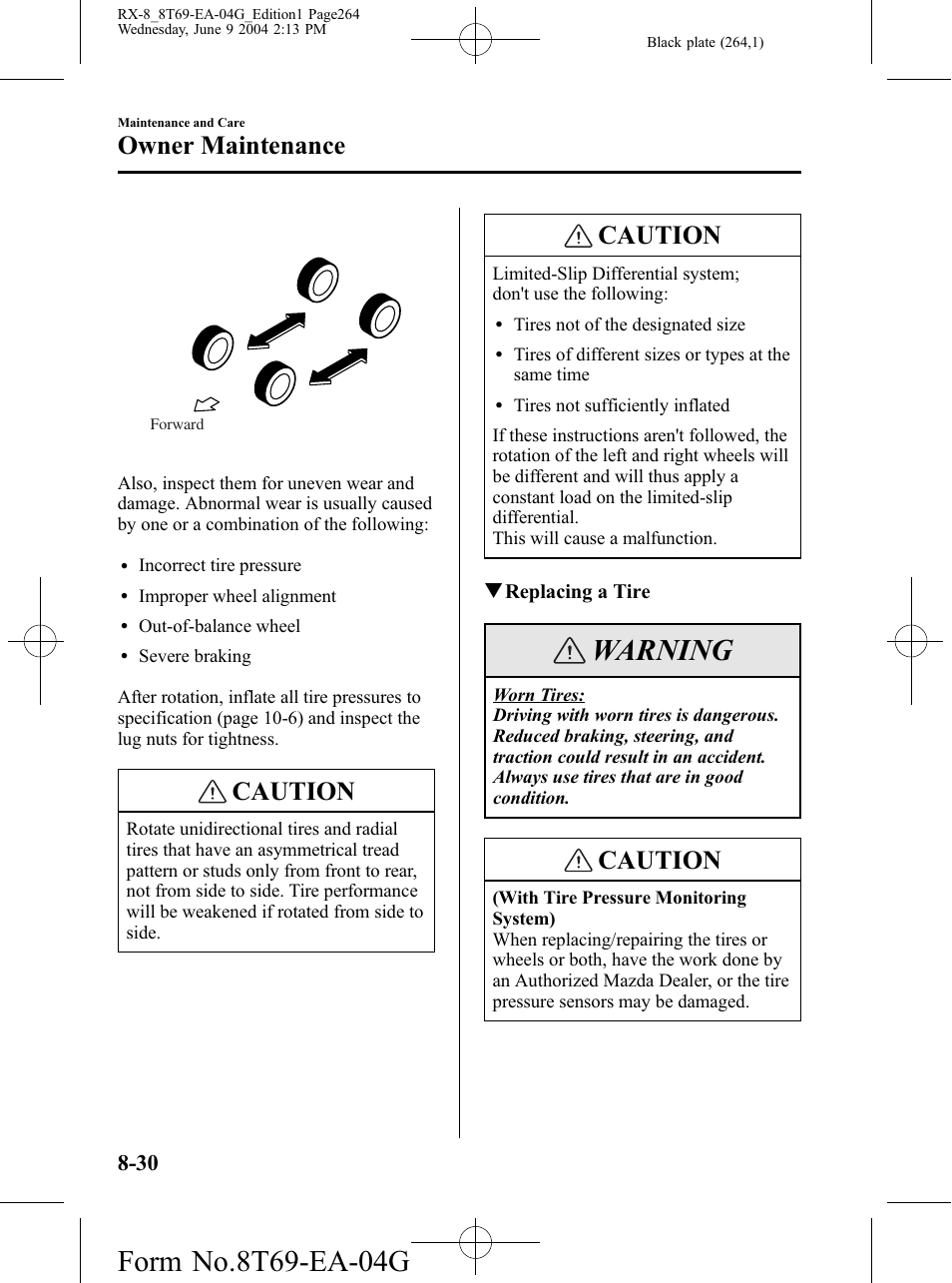 Warning, Caution, Owner maintenance | Mazda 2005 RX-8 User Manual | Page 264 / 364