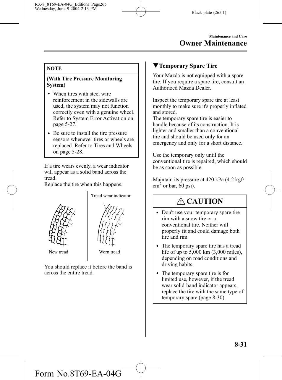 Caution, Owner maintenance | Mazda 2005 RX-8 User Manual | Page 265 / 364