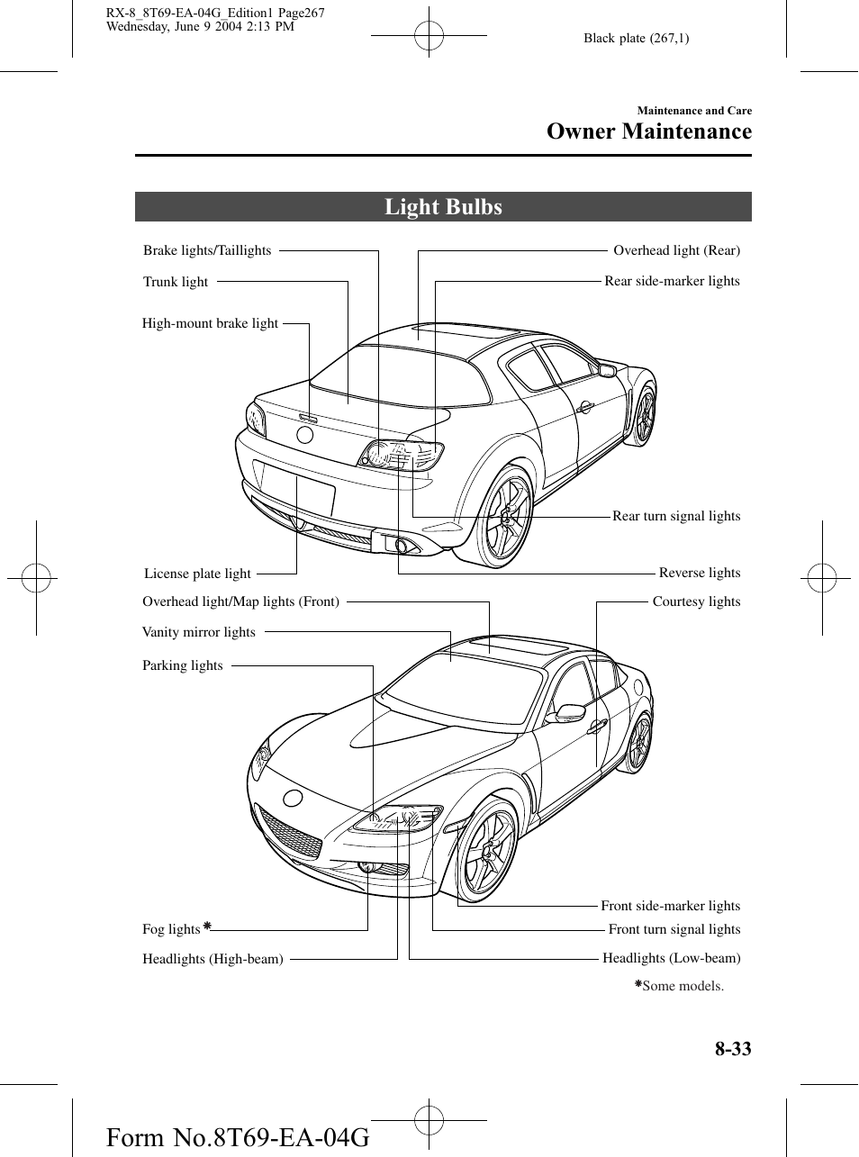 Light bulbs, Light bulbs -33, Owner maintenance | Mazda 2005 RX-8 User Manual | Page 267 / 364