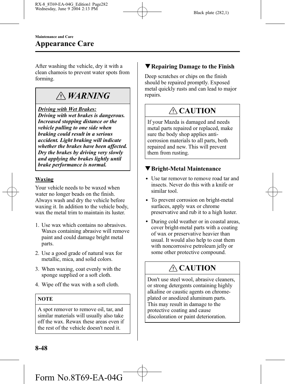 Warning, Caution, Appearance care | Mazda 2005 RX-8 User Manual | Page 282 / 364