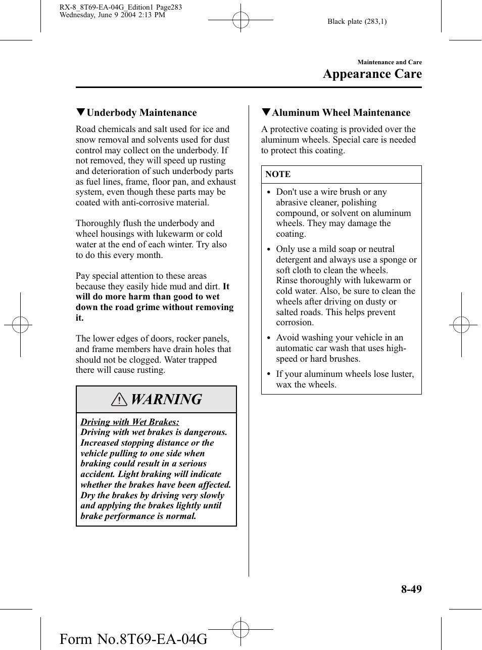 Warning, Appearance care | Mazda 2005 RX-8 User Manual | Page 283 / 364