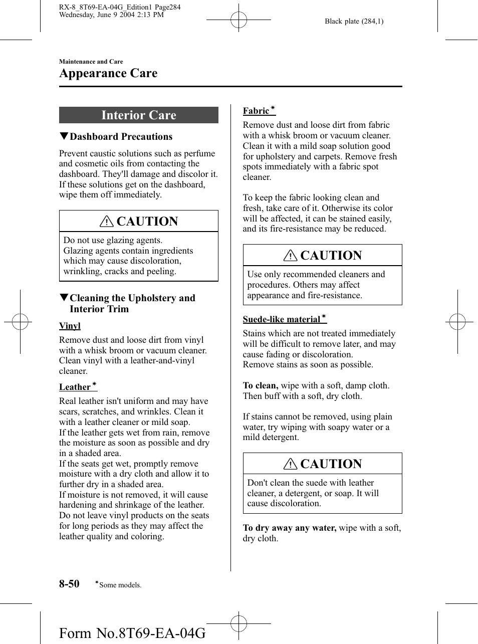 Interior care, Interior care -50, Caution | Appearance care | Mazda 2005 RX-8 User Manual | Page 284 / 364
