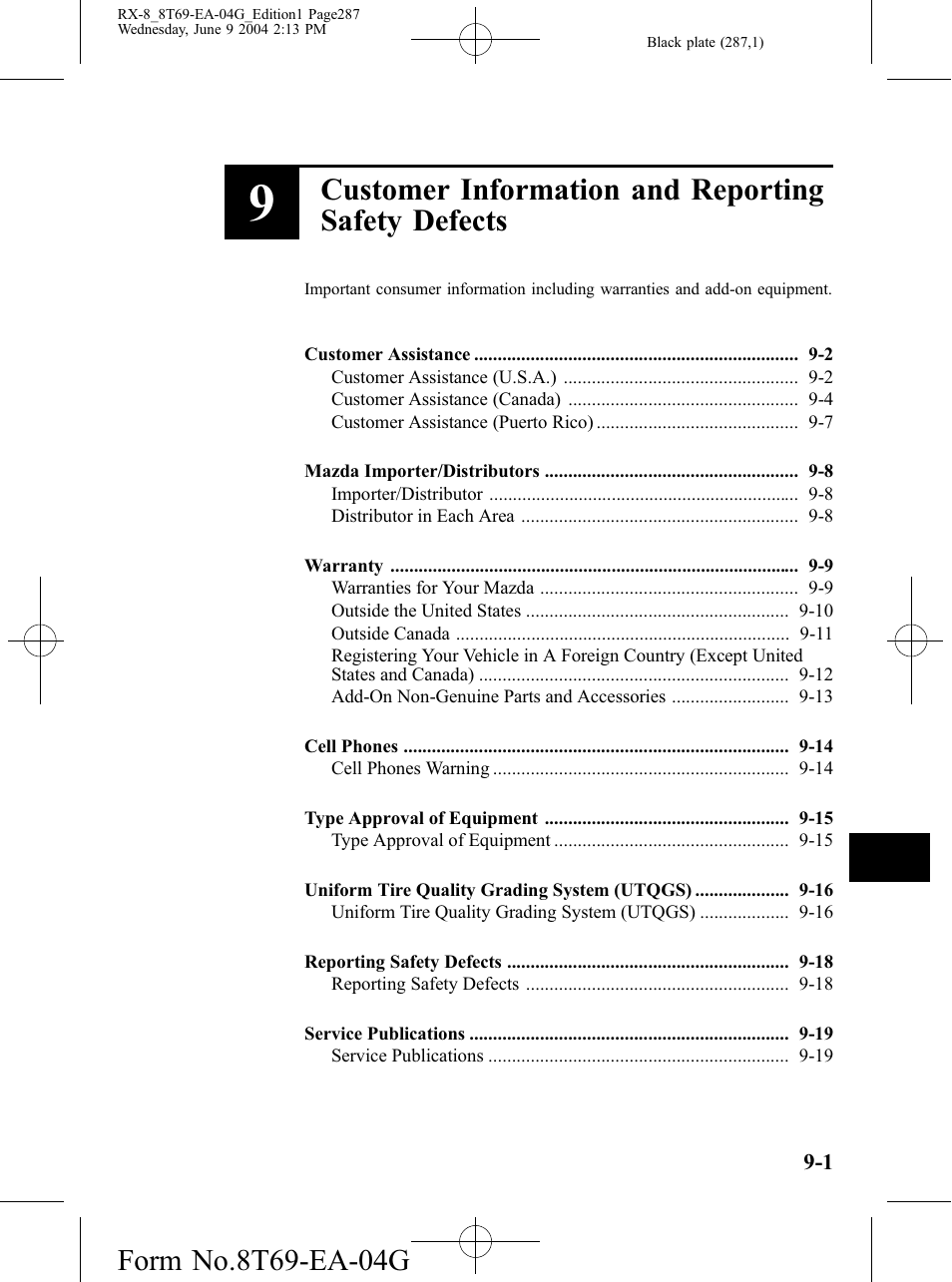 Customer information and reporting safety defects | Mazda 2005 RX-8 User Manual | Page 287 / 364