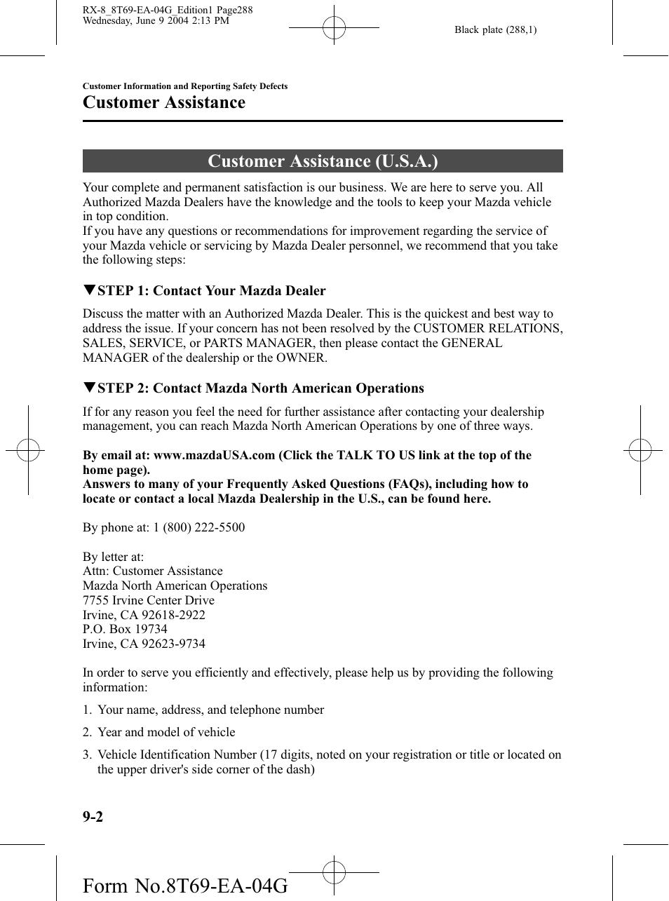 Customer assistance, Customer assistance (u.s.a.), Customer assistance -2 | Customer assistance (u.s.a.) -2 | Mazda 2005 RX-8 User Manual | Page 288 / 364