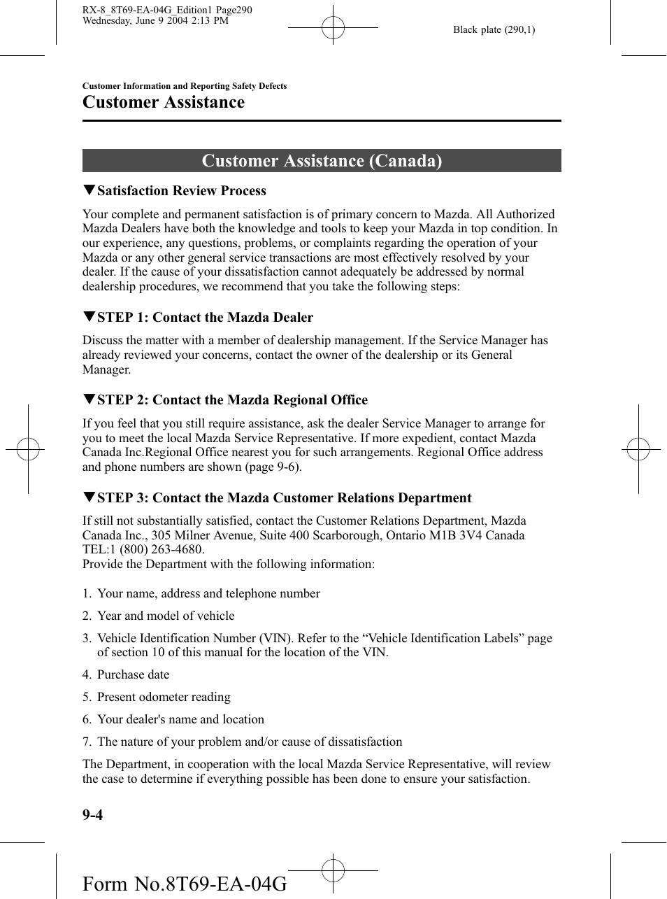 Customer assistance (canada), Customer assistance (canada) -4, Customer assistance | Mazda 2005 RX-8 User Manual | Page 290 / 364