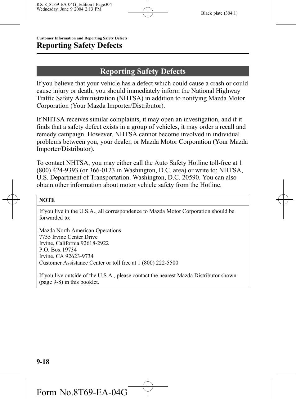 Reporting safety defects, Reporting safety defects -18 | Mazda 2005 RX-8 User Manual | Page 304 / 364