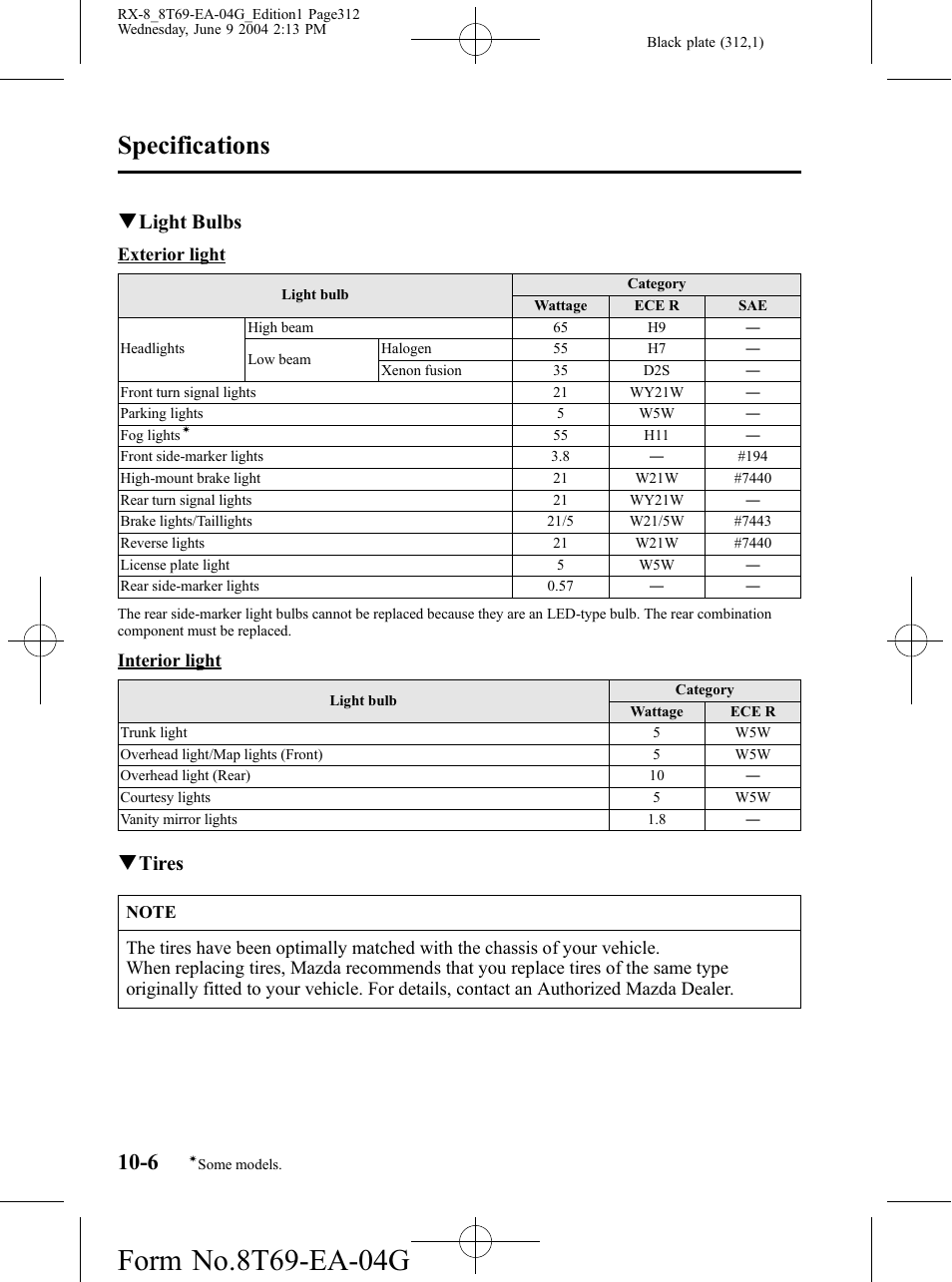 Specifications, Qlight bulbs, Qtires | Mazda 2005 RX-8 User Manual | Page 312 / 364