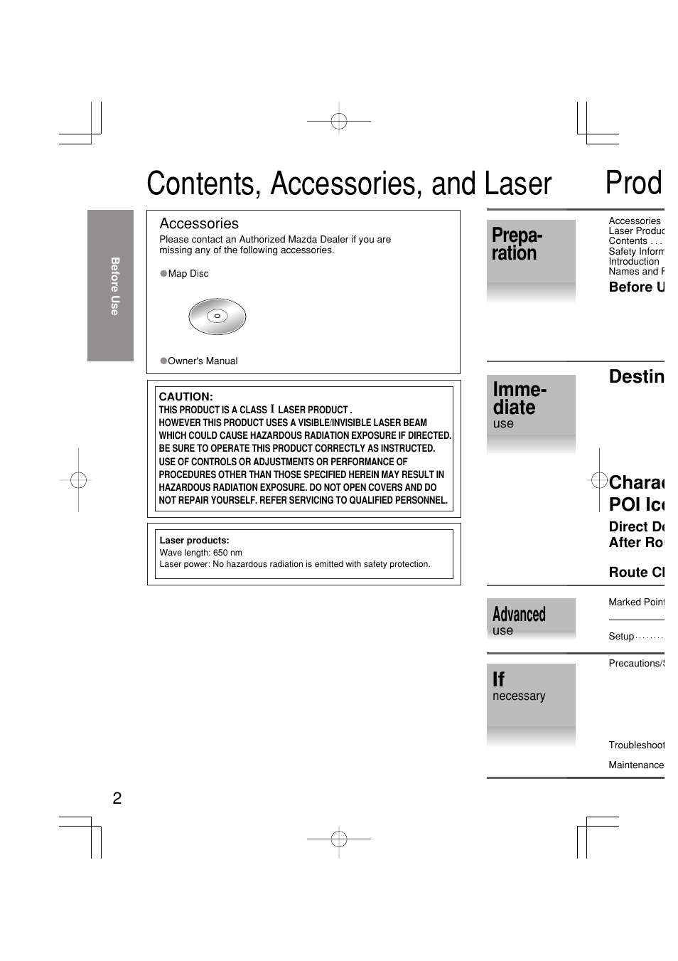 Contents, accessories, and laser, Prod, Prepa- ration imme- diate | Advanced, Destin charac poi ico | Mazda 2005 RX-8 User Manual | Page 324 / 364