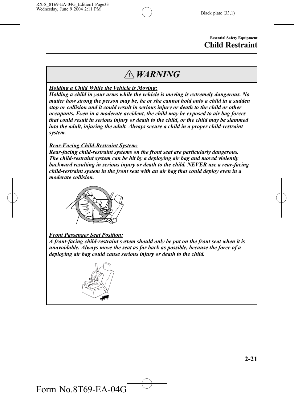 Warning, Child restraint | Mazda 2005 RX-8 User Manual | Page 33 / 364