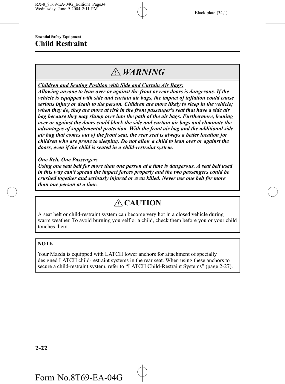Warning, Caution, Child restraint | Mazda 2005 RX-8 User Manual | Page 34 / 364