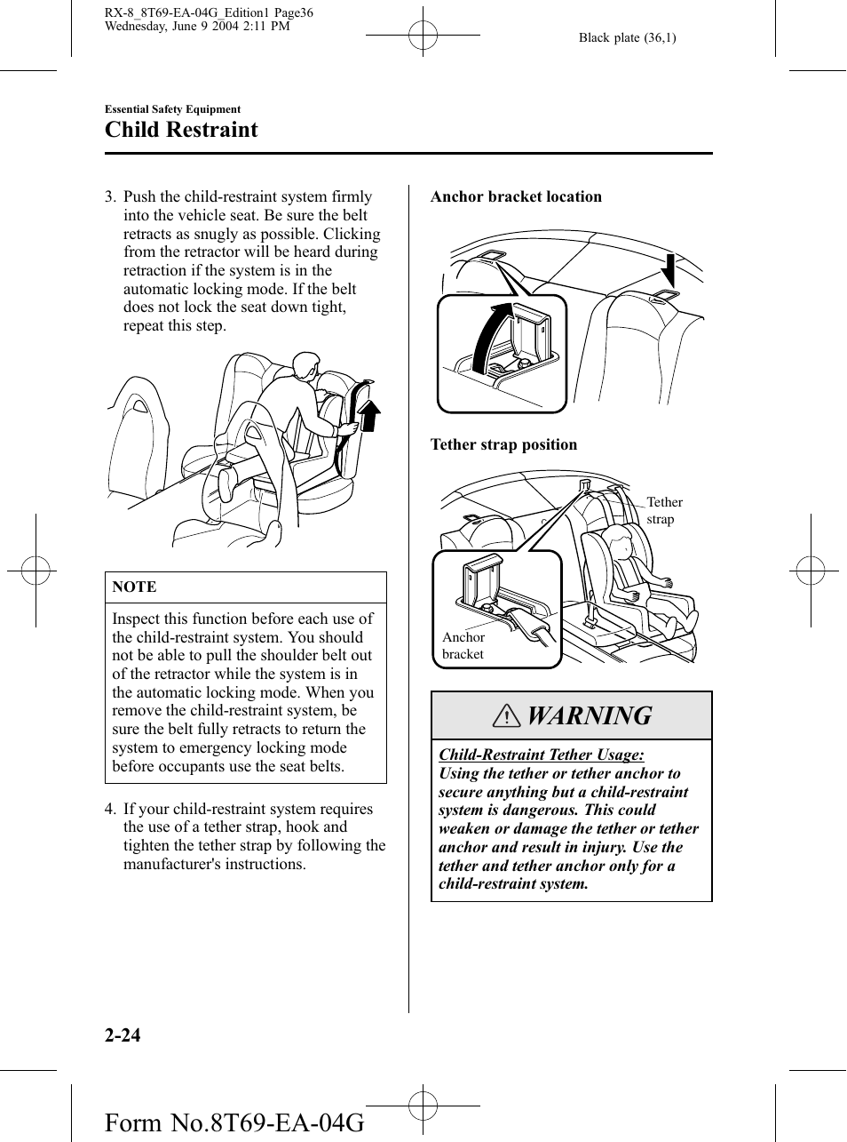 Warning, Child restraint | Mazda 2005 RX-8 User Manual | Page 36 / 364