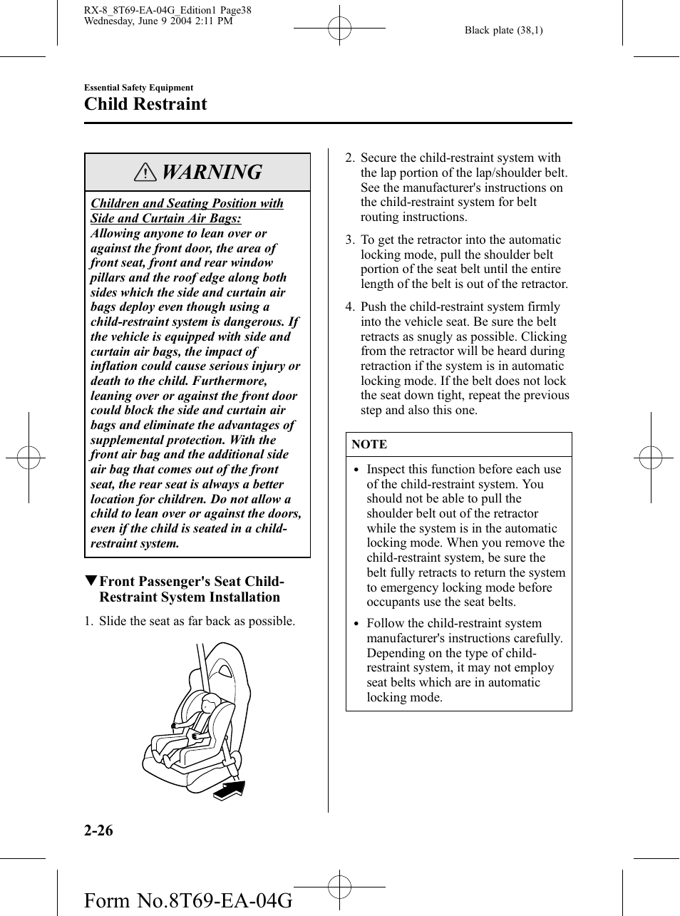 Warning, Child restraint | Mazda 2005 RX-8 User Manual | Page 38 / 364