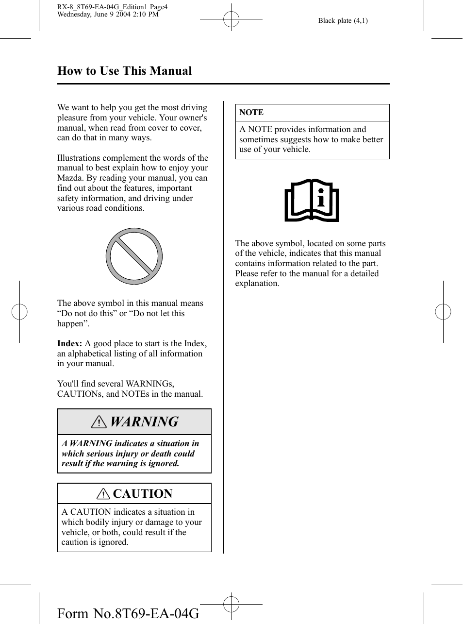 How to use this manual, No m-title, Warning | Caution | Mazda 2005 RX-8 User Manual | Page 4 / 364