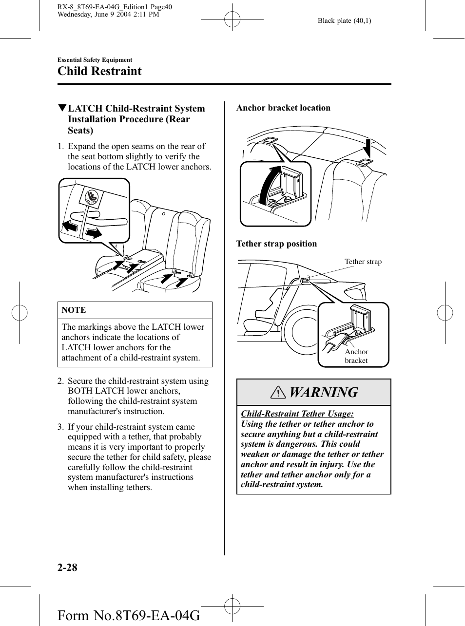 Warning, Child restraint | Mazda 2005 RX-8 User Manual | Page 40 / 364