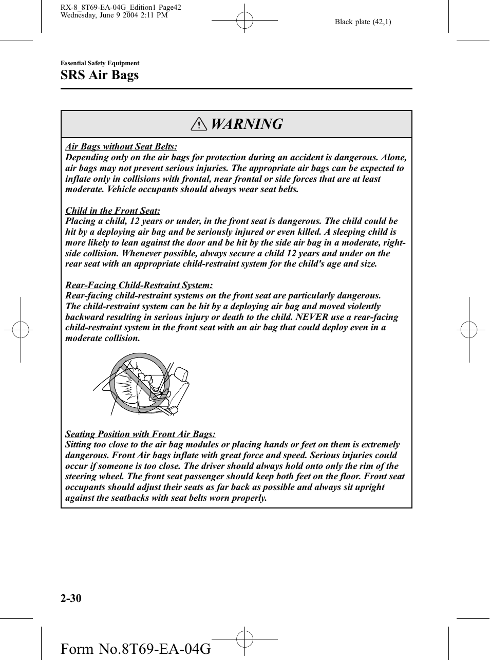 Warning, Srs air bags | Mazda 2005 RX-8 User Manual | Page 42 / 364