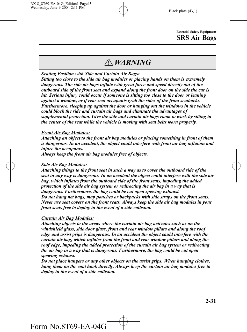 Warning, Srs air bags | Mazda 2005 RX-8 User Manual | Page 43 / 364